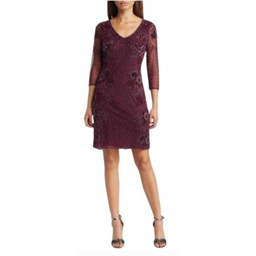 Pisarro Nights beaded embroidered V-neck cocktail dress plum wine event formal 6